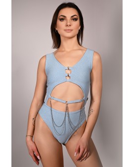 Glittery Chic bodysuit in baby blue with detachable chains and cut-out front, front view, femme fatale pole dance bodysuit