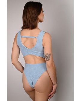 Glittery Chic bodysuit in baby blue with adjustable straps and elastic back, back view, shimmering exotic dance bodysuit