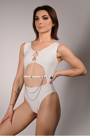 Glittery Chic bodysuit in off-white with detachable chains and cut-out front, front view, femme fatale pole dance bodysuit