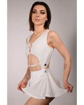 Glittery Chic bodysuit in off-white with side cut-outs and chain decoration, side view, stage performance bodysuit