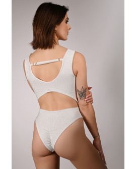 Glittery Chic bodysuit in off-white with adjustable straps and elastic back, back view, shimmering exotic dance bodysuit