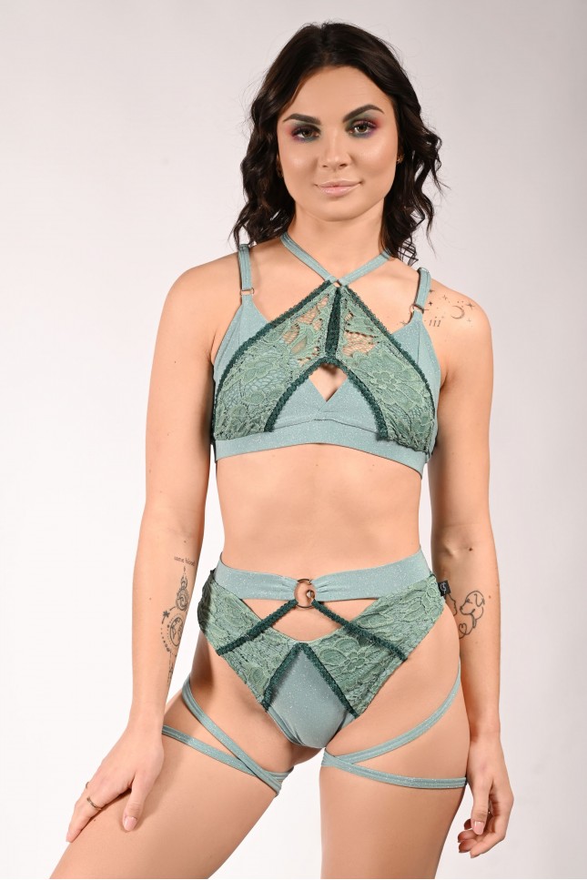 Glittery Queen Shorts front view in sage green – glitter lace pole dance shorts with straps