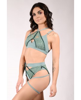 Glittery Queen Shorts side view in sage green – sparkling pole shorts with adjustable thigh straps