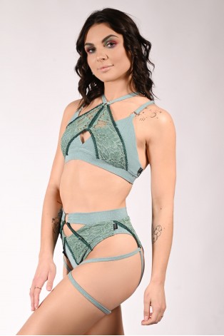 Glittery Queen Top front view in sage green – glitter and lace pole dance top with decorative straps