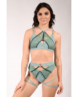 Glittery Queen Top front view in sage green – glitter and lace pole dance top with decorative straps