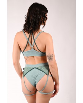 Glittery Queen Top back view in sage green – adjustable straps and elegant lace on glitter pole top