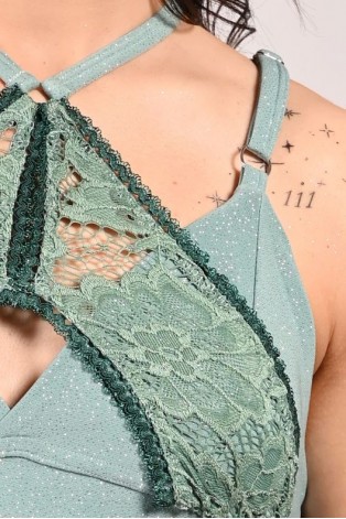 Glittery Queen Top detail in sage green – close-up of glitter fabric and premium lace
