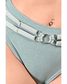 Seastar Shorts in sage green, detail glitter fabric and adjustable straps close up