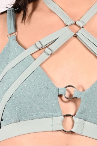 Seastar Top in sage green, detail glitter fabric and adjustable smooth straps close up