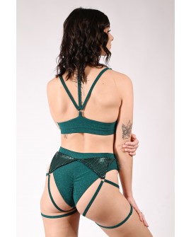 siren shorts in deep green, back view glitter fabric adjustable thigh straps