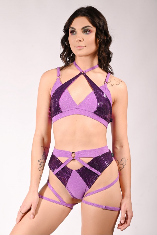 siren top glittery in dusty violet, mermaid style front view with sequin scale inserts