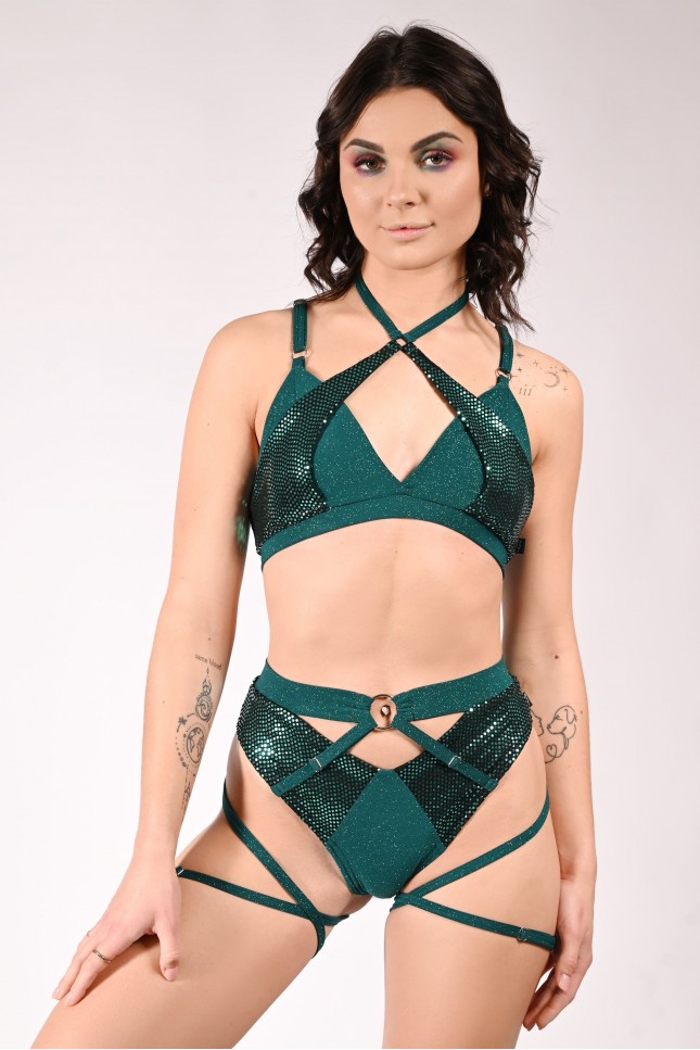 siren top glittery in deep green, mermaid style front view with sequin scale inserts