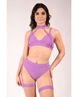 Side view of Glittery Spooky Shorts in dusty violet with thigh straps