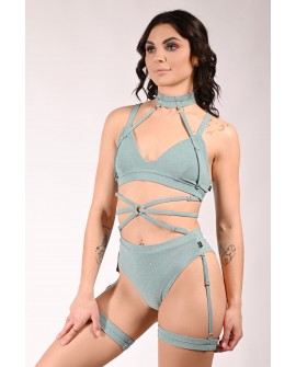 Glittery Spooky Shorts in sage green with removable thigh straps – front view