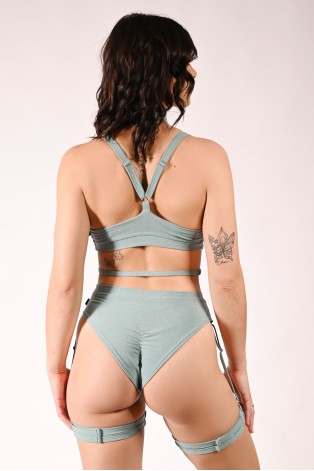 Back view of Glittery Spooky Shorts in sage green showing brazilian cut