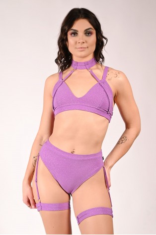 Glittery Spooky Top in dusty violet with removable neck and belly straps – front view