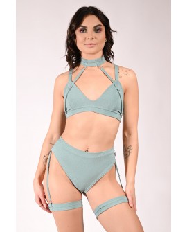 Glittery Spooky Top in sage green with removable neck and belly straps – front view