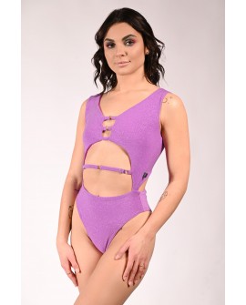 Glittery Chic bodysuit in dusty violet with side cut-outs and chain decoration, side view, stage performance bodysuit
