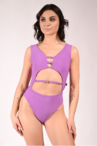 Glittery Chic bodysuit in dusty violet with detachable chains and cut-out front, front view, femme fatale pole dance bodysuit