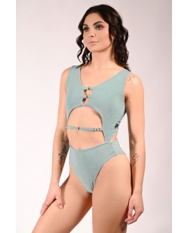 Glittery Chic bodysuit in sage green with side cut-outs and chain decoration, side view, stage performance bodysuit