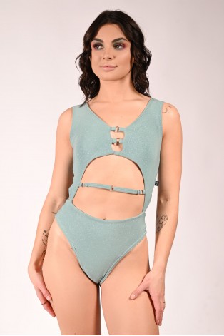 Glittery Chic bodysuit in sage green with detachable chains and cut-out front, front view, femme fatale pole dance bodysuit