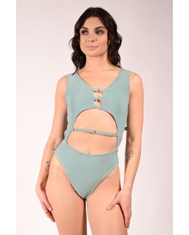 Glittery Chic bodysuit in sage green with detachable chains and cut-out front, front view, femme fatale pole dance bodysuit