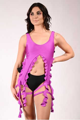 Fairy pole dance top with flowing flounces and thigh straps in violet, front view, water nymph inspired dance top
