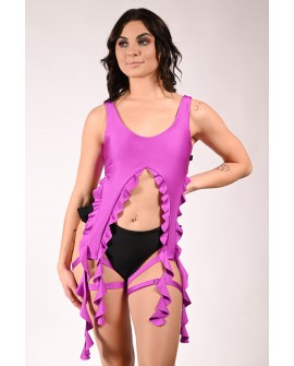 Fairy pole dance top with flowing flounces and thigh straps in violet, front view, water nymph inspired dance top