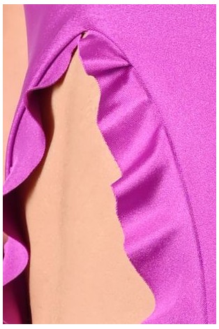 Close-up of Fairy top flounces and adjustable thigh straps in violet, romantic pole dance top detail