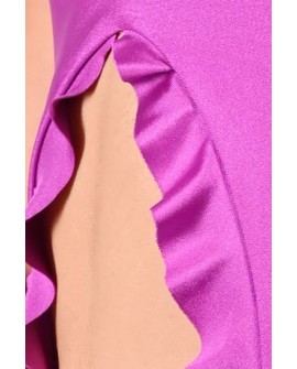 Close-up of Fairy top flounces and adjustable thigh straps in violet, romantic pole dance top detail