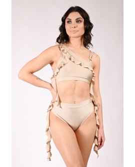 Nymph high waisted dance shorts with flowing side flounces in latte, front view, Water Nymph collection