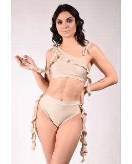 Nymph one shoulder pole dance top with cascading flounces, front view