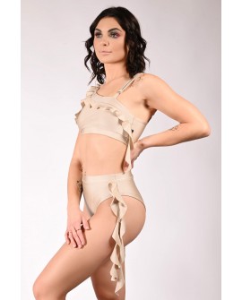 Nymph asymmetrical exotic pole top with flowing flounces on sides, side view