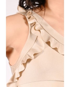 Detail of cascading flounces on nymph water nymph inspired pole dance top