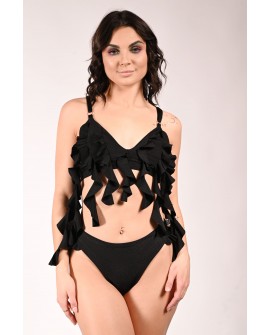 Lily water lily inspired pole dance shorts i black with decorative flounces, front view