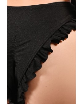 Detail of decorative flounces on lily water lily inspired dance shorts in black