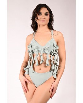 Lily pole dance top in sage green with cascading flounces inspired by water lilies, front view