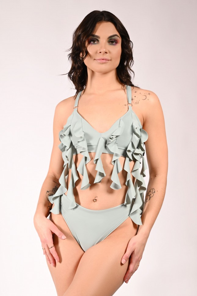 Lily pole dance top in sage green with cascading flounces inspired by water lilies, front view