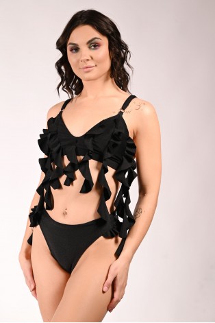 Lily pole dance top in black with cascading flounces inspired by water lilies, front view