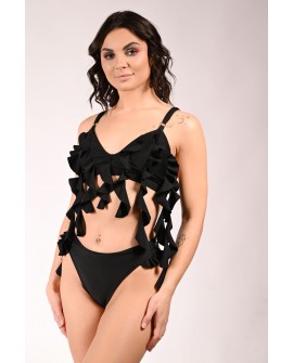 Lily pole dance top in black with cascading flounces inspired by water lilies, front view