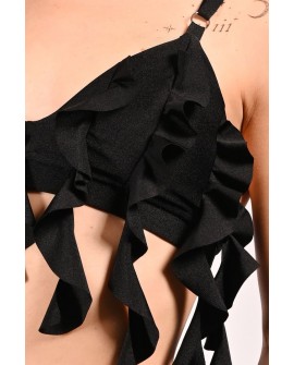 Detail of cascading flounces on lily water lily inspired dance top in black