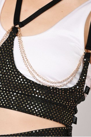 Sequin Strip Top in gold – close-up detail of removable decorative chains and sequin texture for exotic pole styling