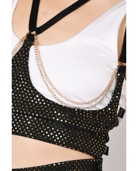 Sequin Strip Top in gold – close-up detail of removable decorative chains and sequin texture for exotic pole styling