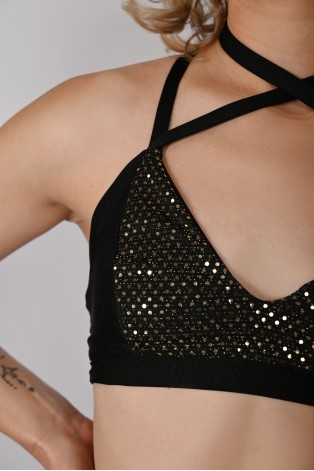 Sensual Top in black&gold – close-up detail of sequins and adjustable neckline straps for a glamorous dancewear look