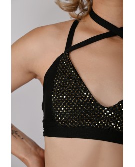 Sensual Top in black&gold – close-up detail of sequins and adjustable neckline straps for a glamorous dancewear look