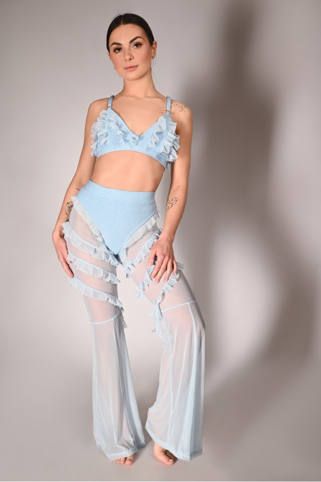 Naiad Pants glittery pole dance pants with mesh legs – front view in baby blue