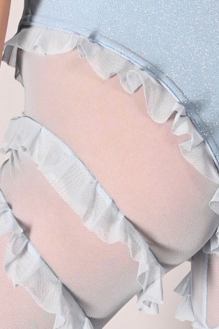 Naiad Pants glitter fabric mesh ruffle detail – close-up in baby blue