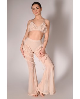 Naiad Pants glittery pole dance pants with mesh legs – front view in latte