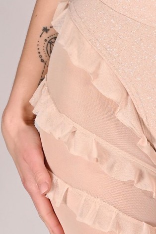 Naiad Pants glitter fabric mesh ruffle detail – close-up in latte