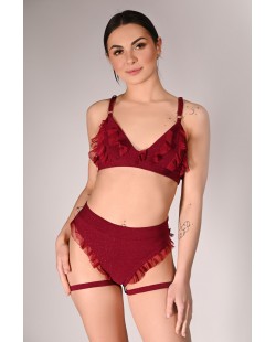 Glittery Lily Top glittery pole dance top with mesh ruffles – front view in burgundy